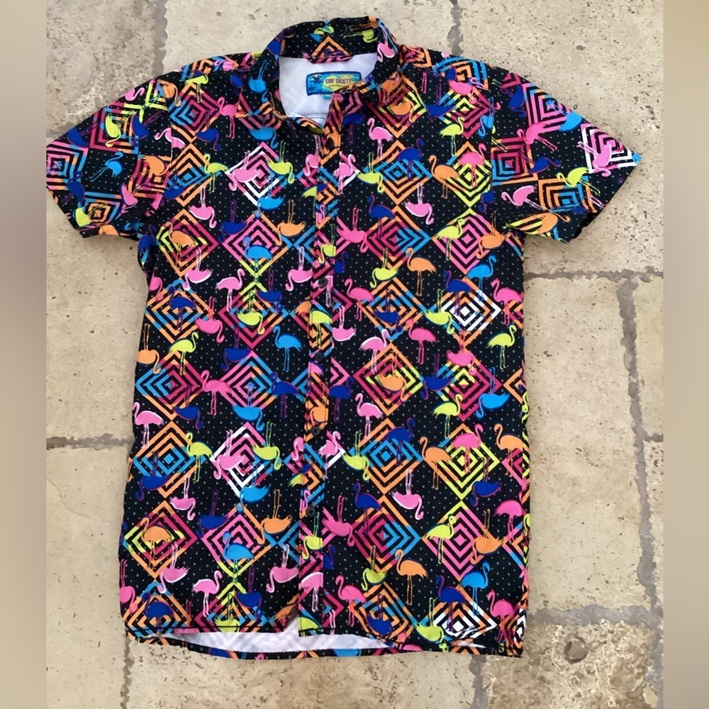 Retro Surf Society Swimwear Shirt Medium 80’s Style Flamingo Neon Print, Vented